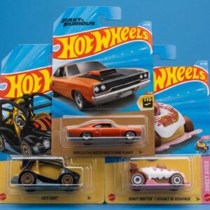 Home Hot Wheels 1970 Custom Combo 3-car pack featuring Fast and Furious 1970 Plymouth Road Runner, Kick Kart, and Donut Drifter in blister packaging