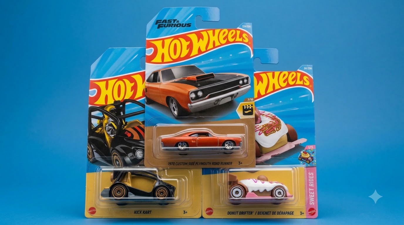 hot wheels 1970 custom combo – 3 car pack (fast & furious 1970 plymouth road runner, kick kart & donut drifter) Hot Wheels 1970 Custom Combo 3-car pack featuring Fast and Furious 1970 Plymouth Road Runner, Kick Kart, and Donut Drifter in blister packaging