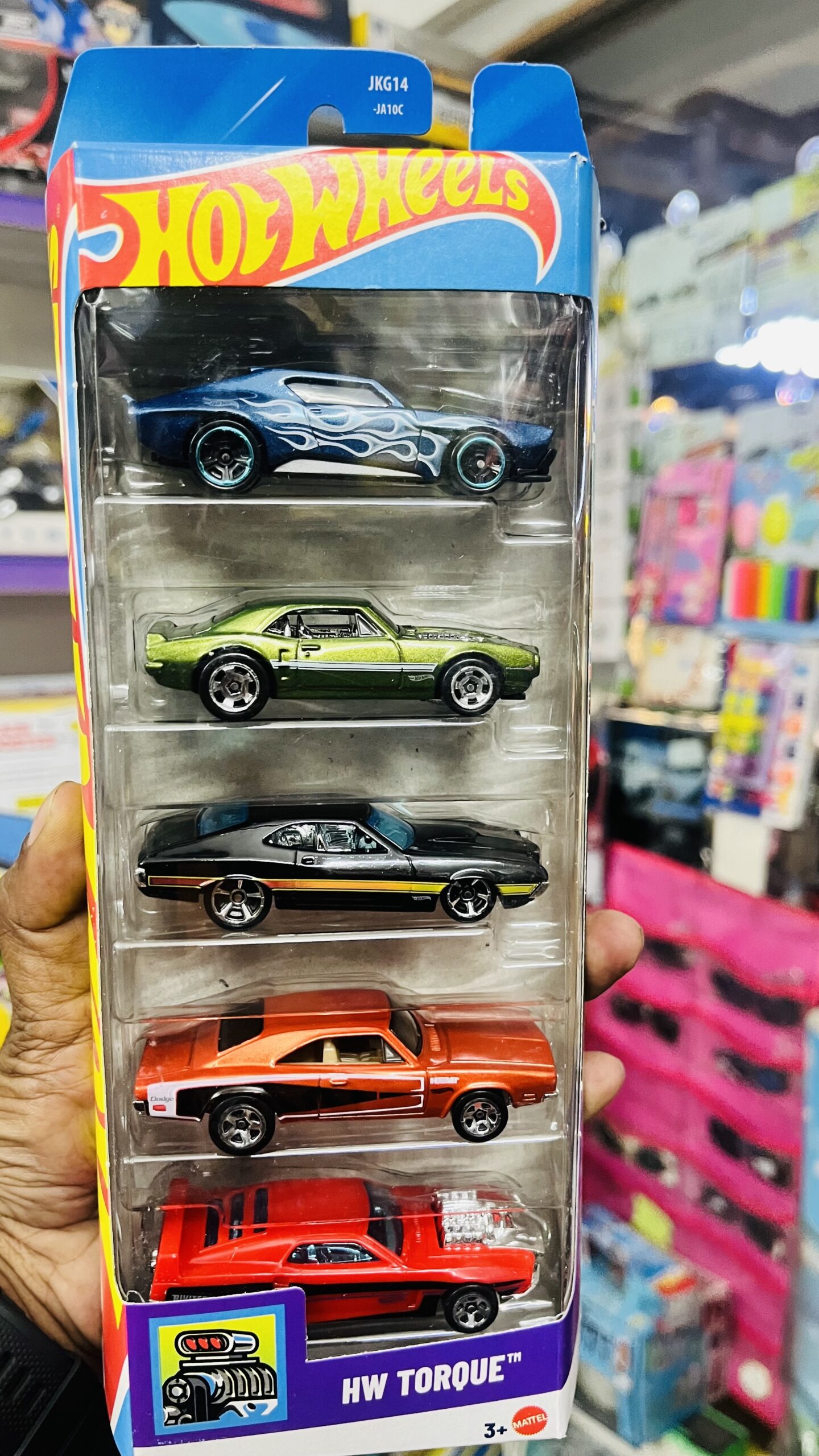 hot wheels hw torque 5 pack diecast cars set Hot Wheels HW Torque 5-Pack diecast muscle cars set front window packaging