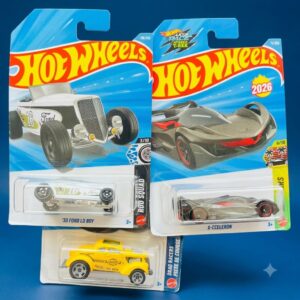Home Hot Wheels Ford Lo Boy Combo 3-car pack featuring '33 Ford Lo Boy, X-Cceleron, and Pass'n Gasser in original blister packaging