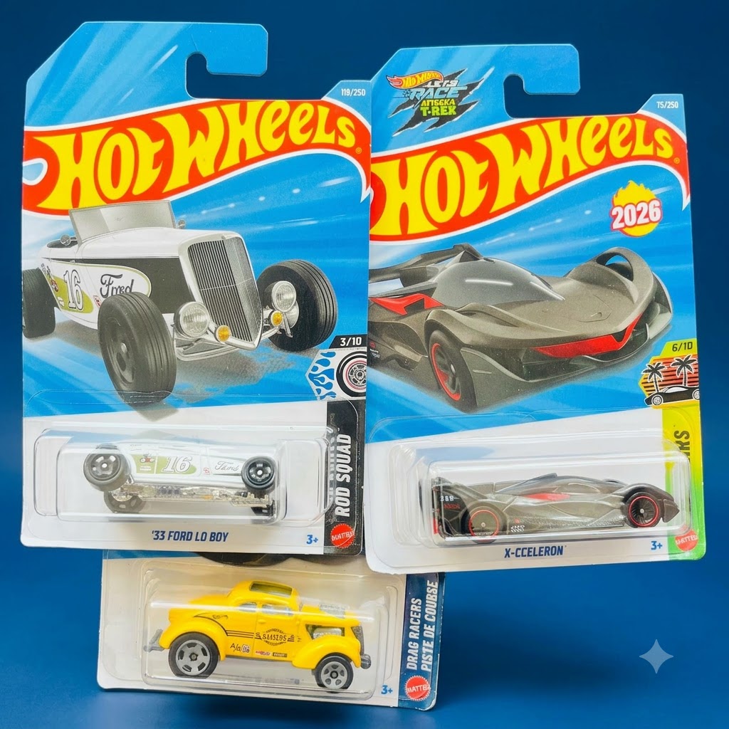 hot wheels ford lo boy combo – 3 car pack ('33 ford lo boy, x cceleron & pass'n gasser) Hot Wheels Ford Lo Boy Combo 3-car pack featuring '33 Ford Lo Boy, X-Cceleron, and Pass'n Gasser in original blister packaging