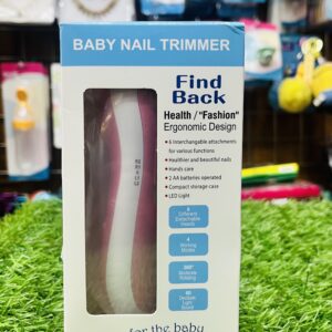 Home Front box view of Find Back electric baby nail trimmer with LED light showing product features and clear display window