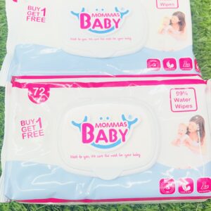 Home Top down view of two packs of Mommas Baby 99% water wipes 72 wipes buy 1 get 1 free on green grass