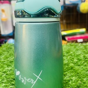 Home Front view of metallic green cute bunny ears insulated stainless steel mini water bottle on green grass