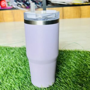 Home Overhead top view of clear splash resistant tumbler lid with straw and purple base handle